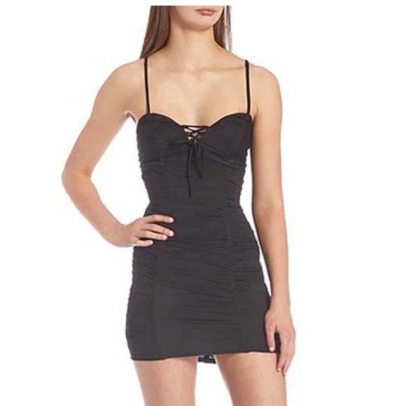 Spaghetti-Strap Sweetheart-Neck Ruched Tie-Front Mesh Bodycon Dress - Picture 1 of 11